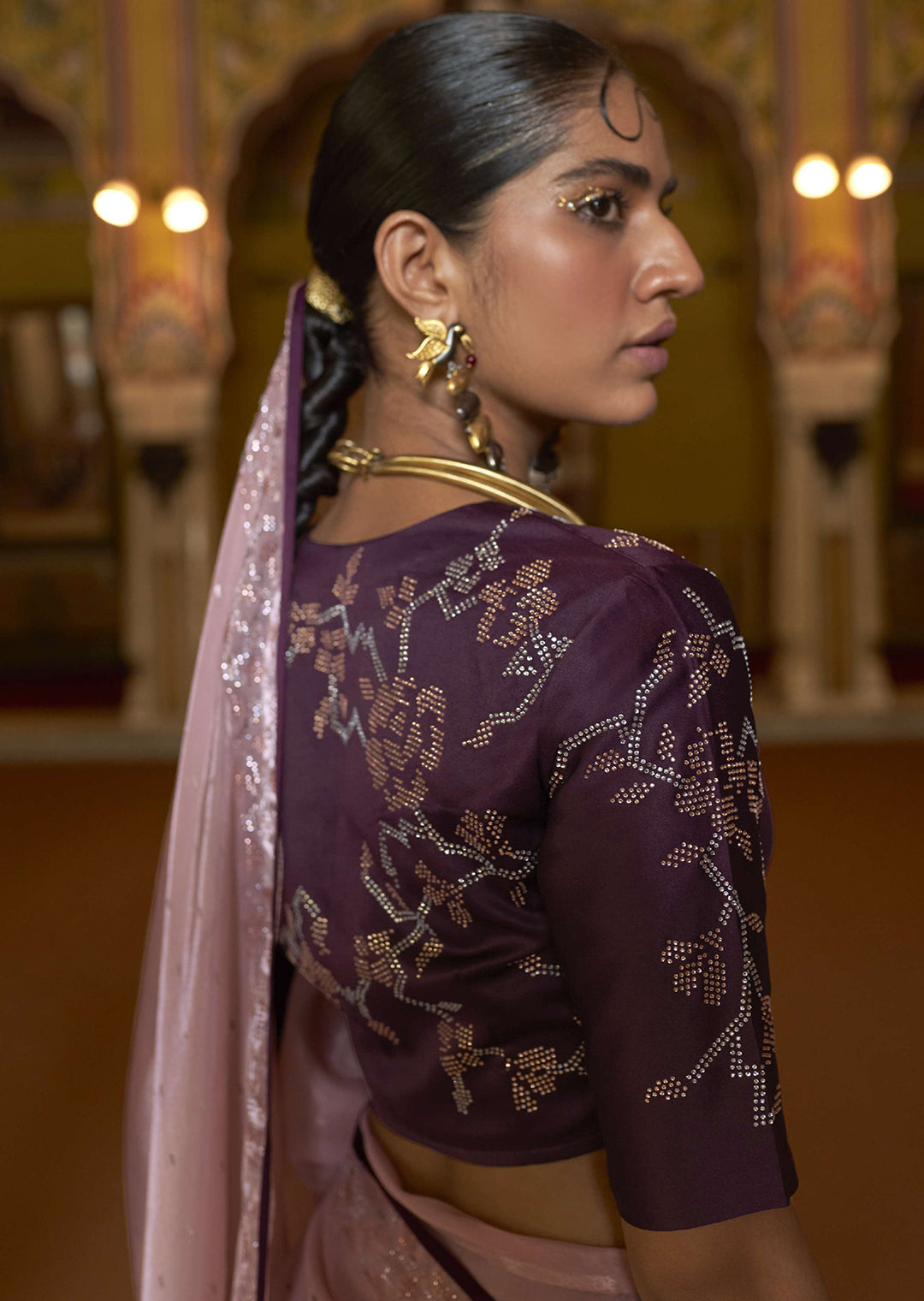 THISTLE PURPLE WOVEN DESIGNER SOFT TISSUE SILK SAREE WITH SWAROVSKI WORK