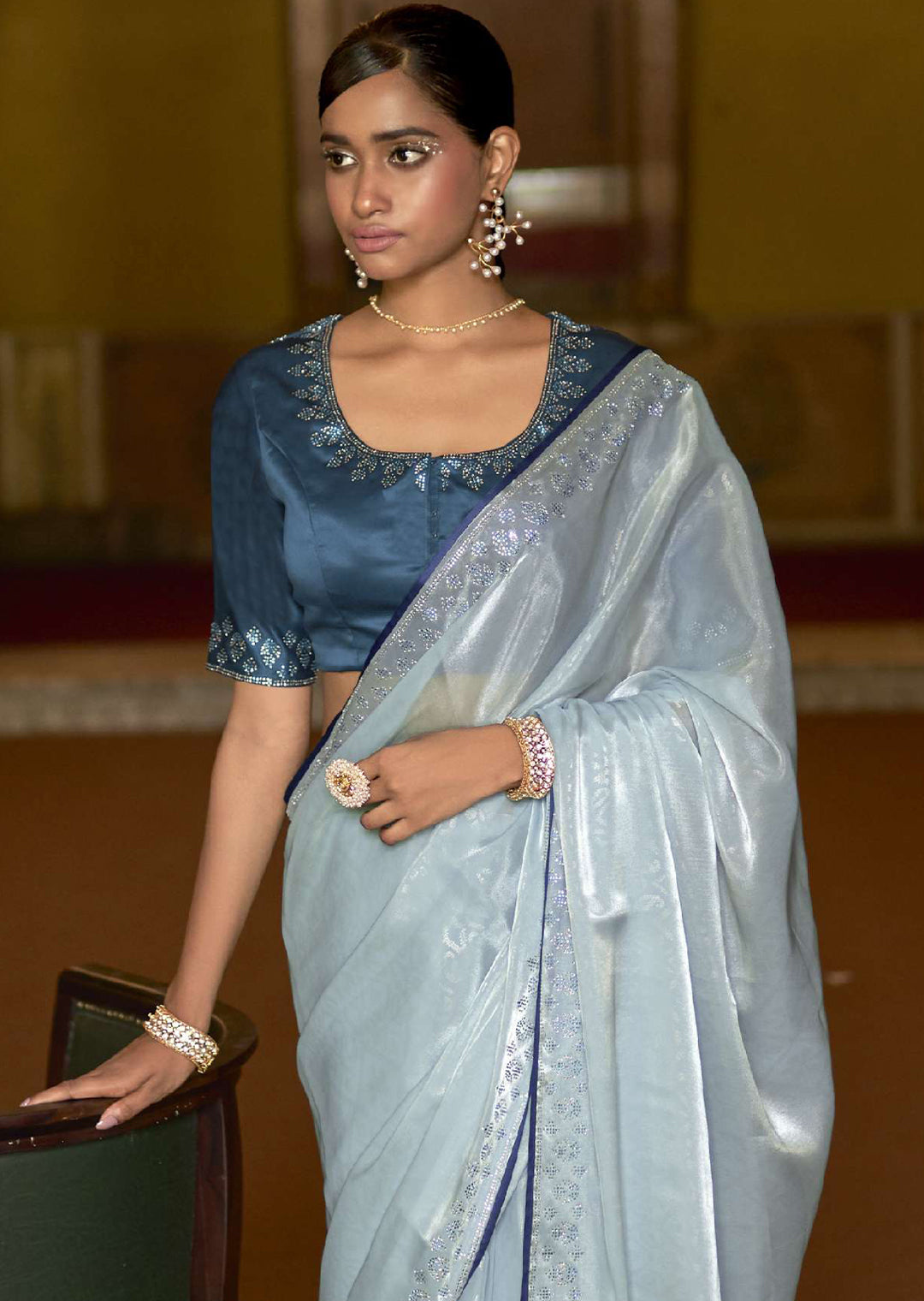 HYDRANGEA BLUE WOVEN DESIGNER SOFT TISSUE SILK SAREE WITH SWAROVSKI WORK