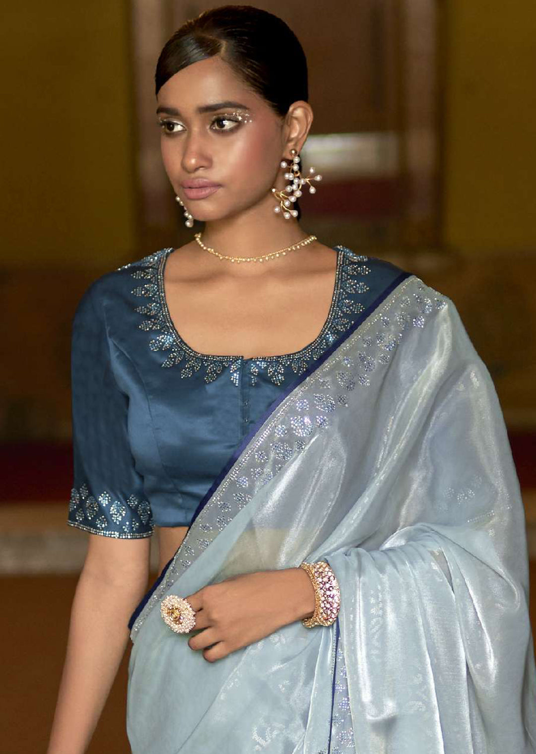 HYDRANGEA BLUE WOVEN DESIGNER SOFT TISSUE SILK SAREE WITH SWAROVSKI WORK