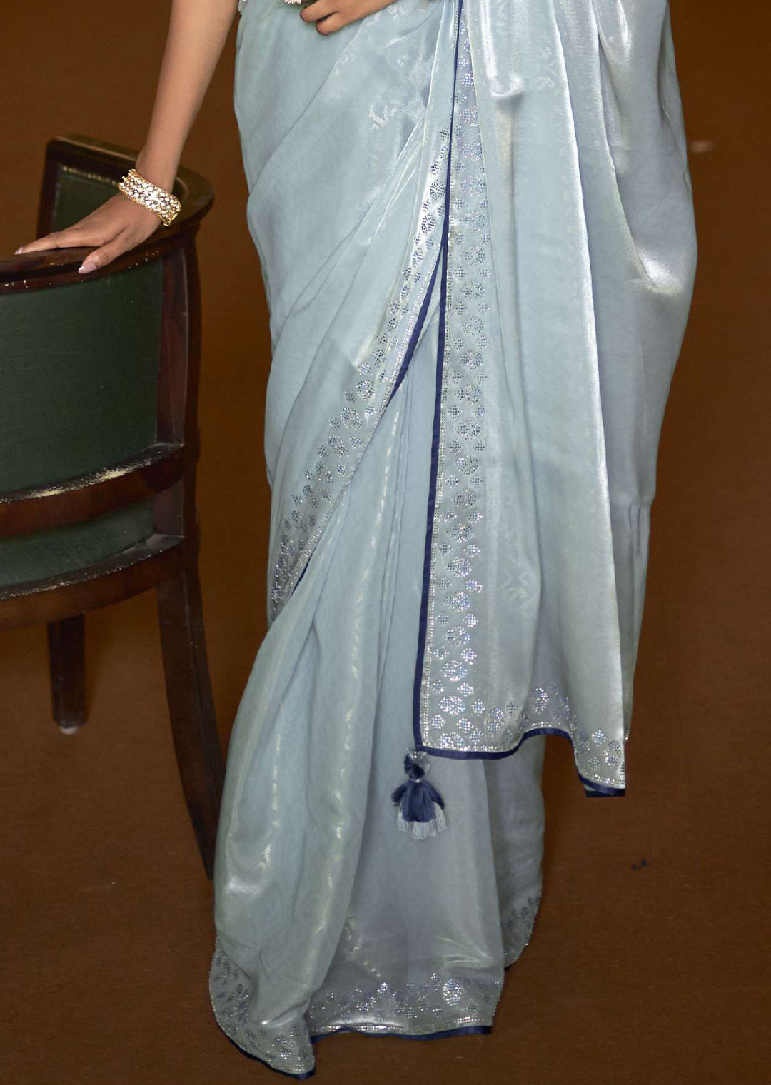 HYDRANGEA BLUE WOVEN DESIGNER SOFT TISSUE SILK SAREE WITH SWAROVSKI WORK