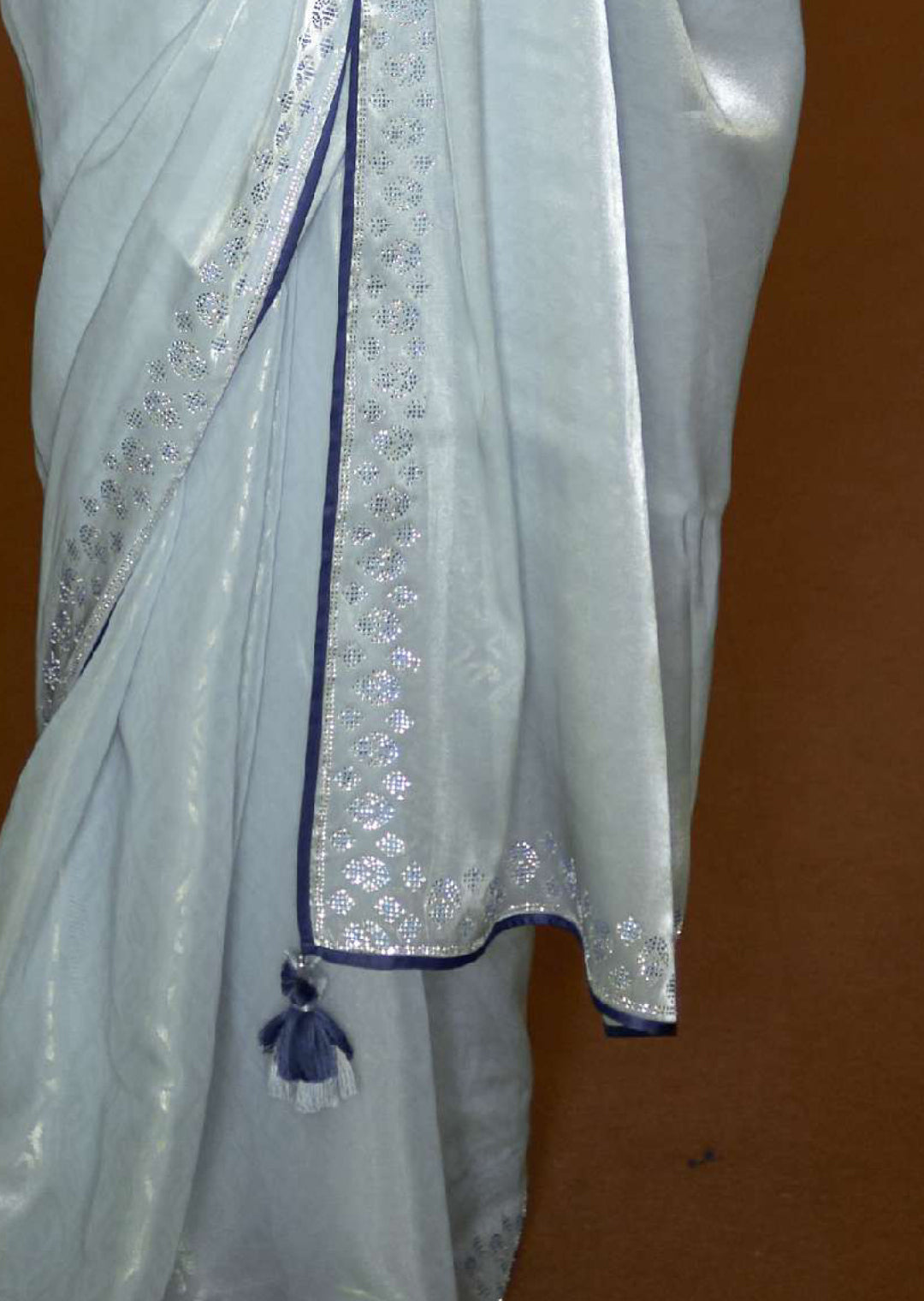 HYDRANGEA BLUE WOVEN DESIGNER SOFT TISSUE SILK SAREE WITH SWAROVSKI WORK