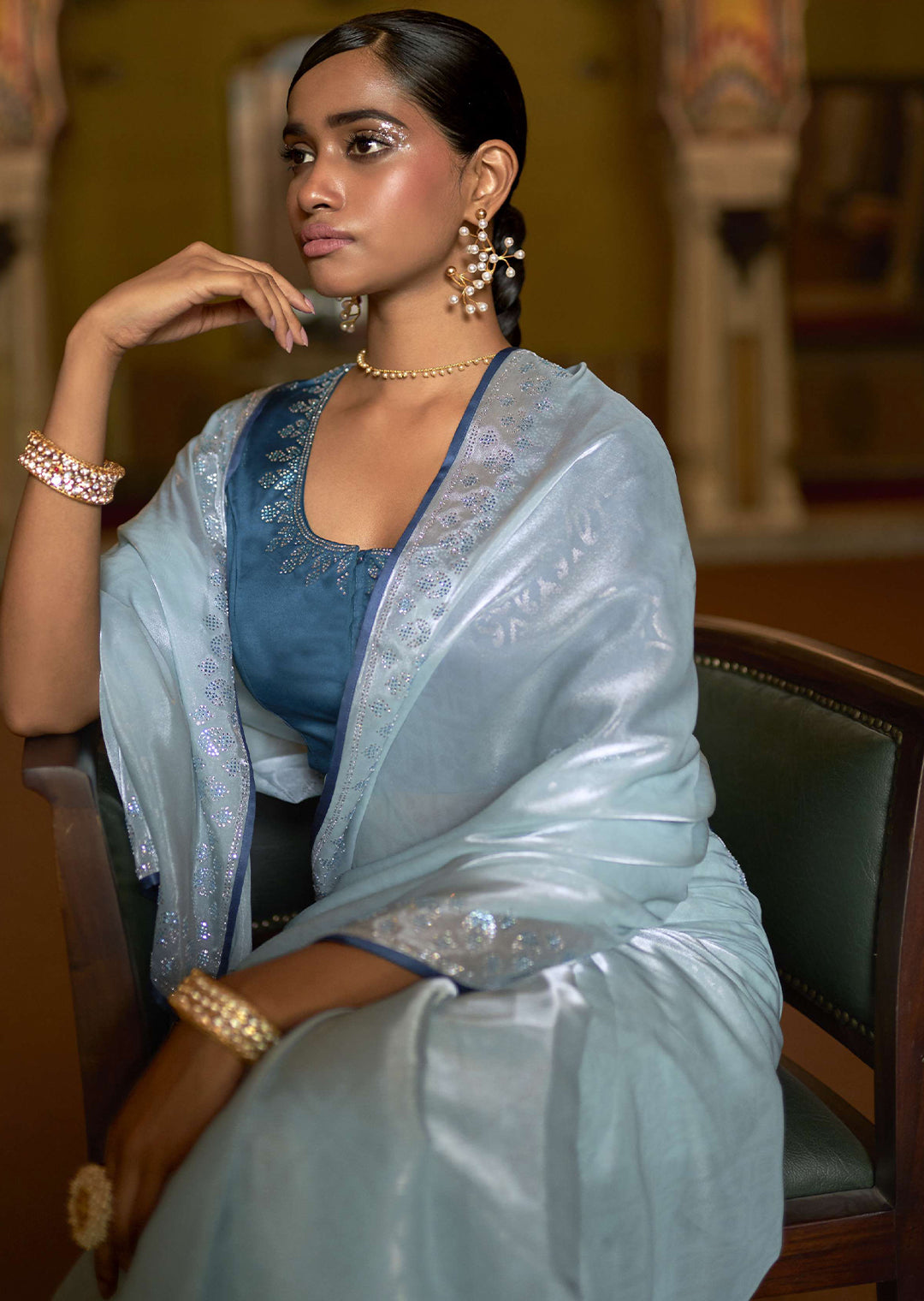 HYDRANGEA BLUE WOVEN DESIGNER SOFT TISSUE SILK SAREE WITH SWAROVSKI WORK