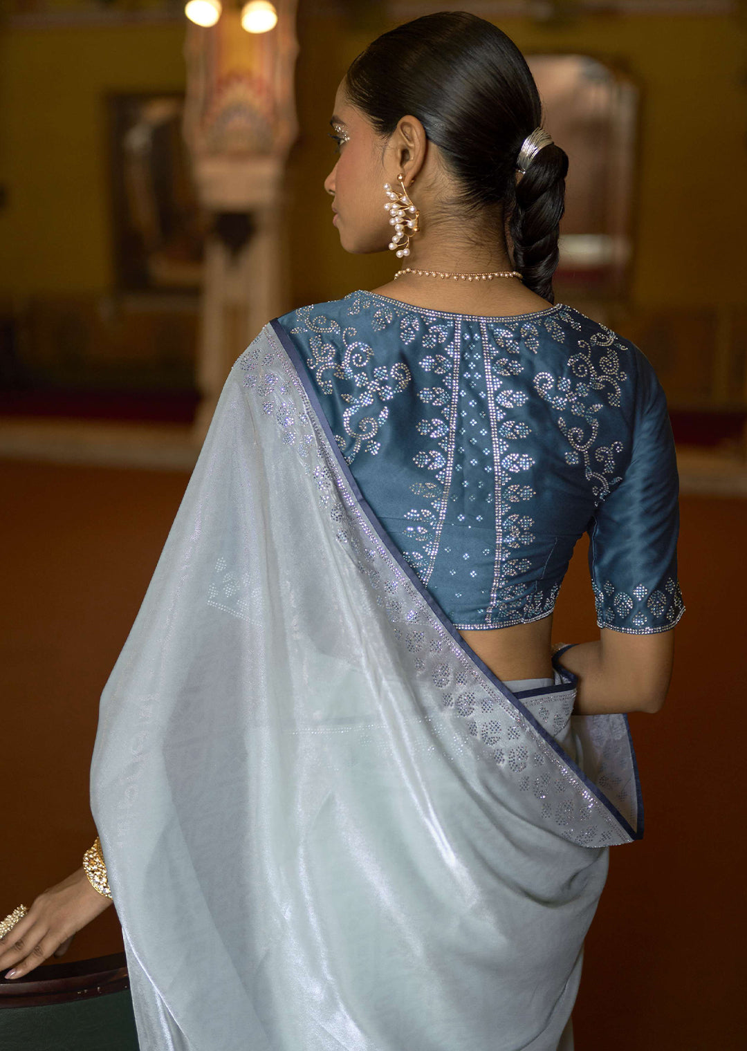 HYDRANGEA BLUE WOVEN DESIGNER SOFT TISSUE SILK SAREE WITH SWAROVSKI WORK