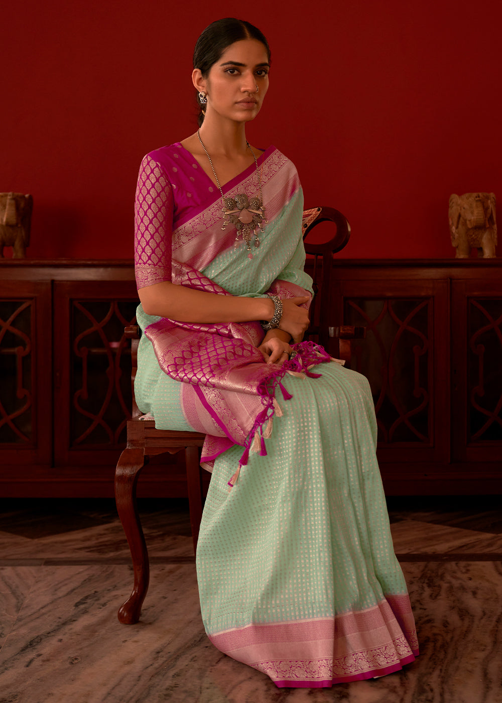 MINT GREEN WOVEN KHADDI GEORGETTE BANARASI SAREE WITH