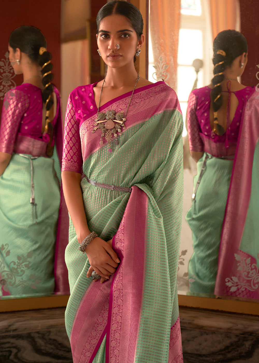 MINT GREEN WOVEN KHADDI GEORGETTE BANARASI SAREE WITH