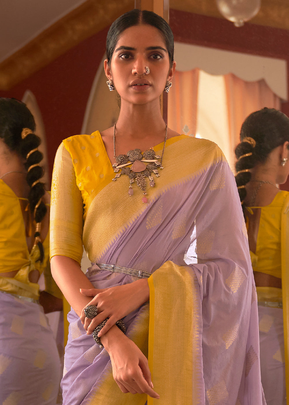 LAVENDER PURPLE WOVEN KHADDI GEORGETTE BANARASI SAREE WITH