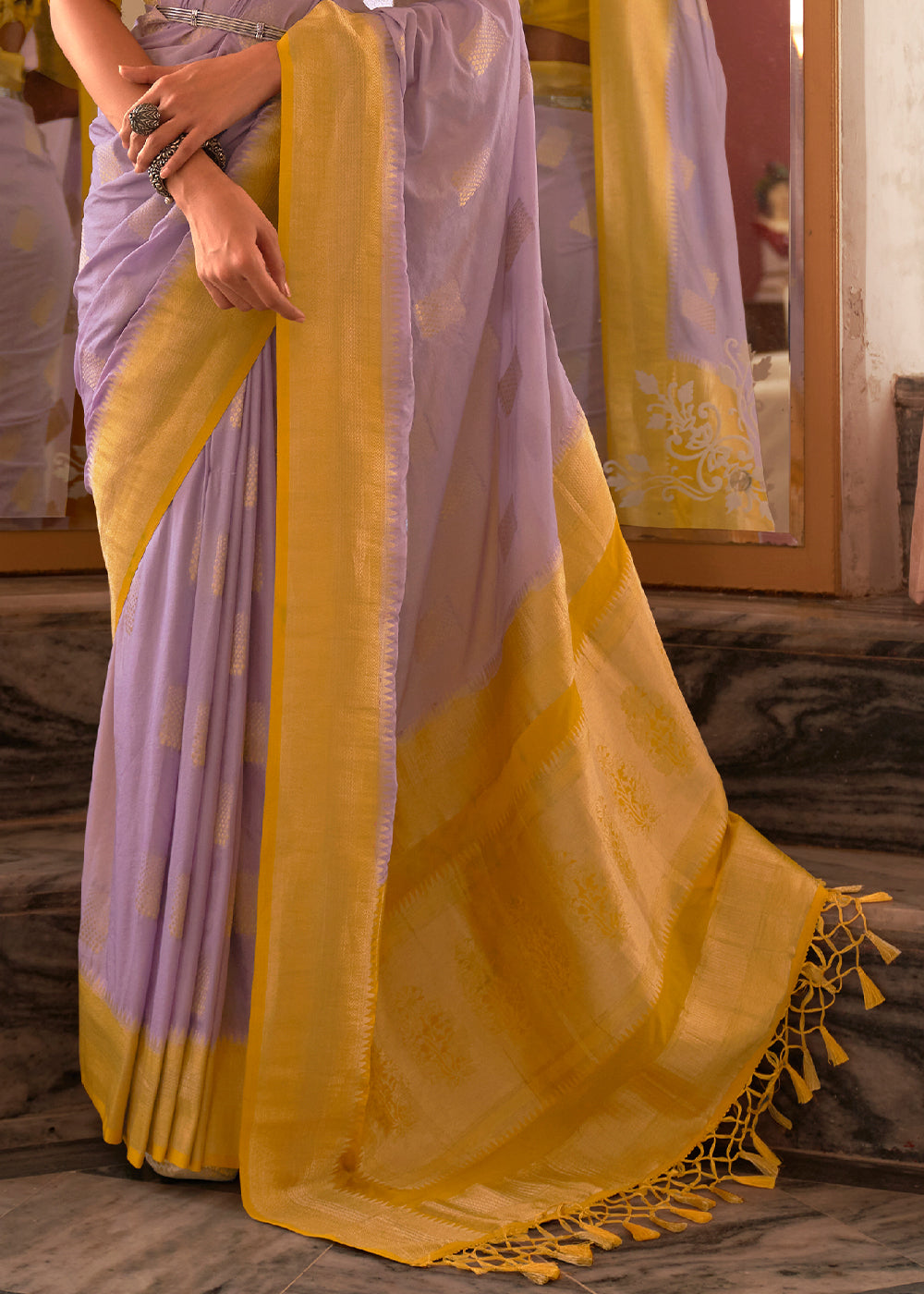 LAVENDER PURPLE WOVEN KHADDI GEORGETTE BANARASI SAREE WITH