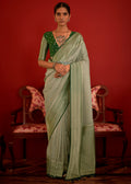 SAGE GREEN WOVEN KHADDI GEORGETTE BANARASI SAREE WITH