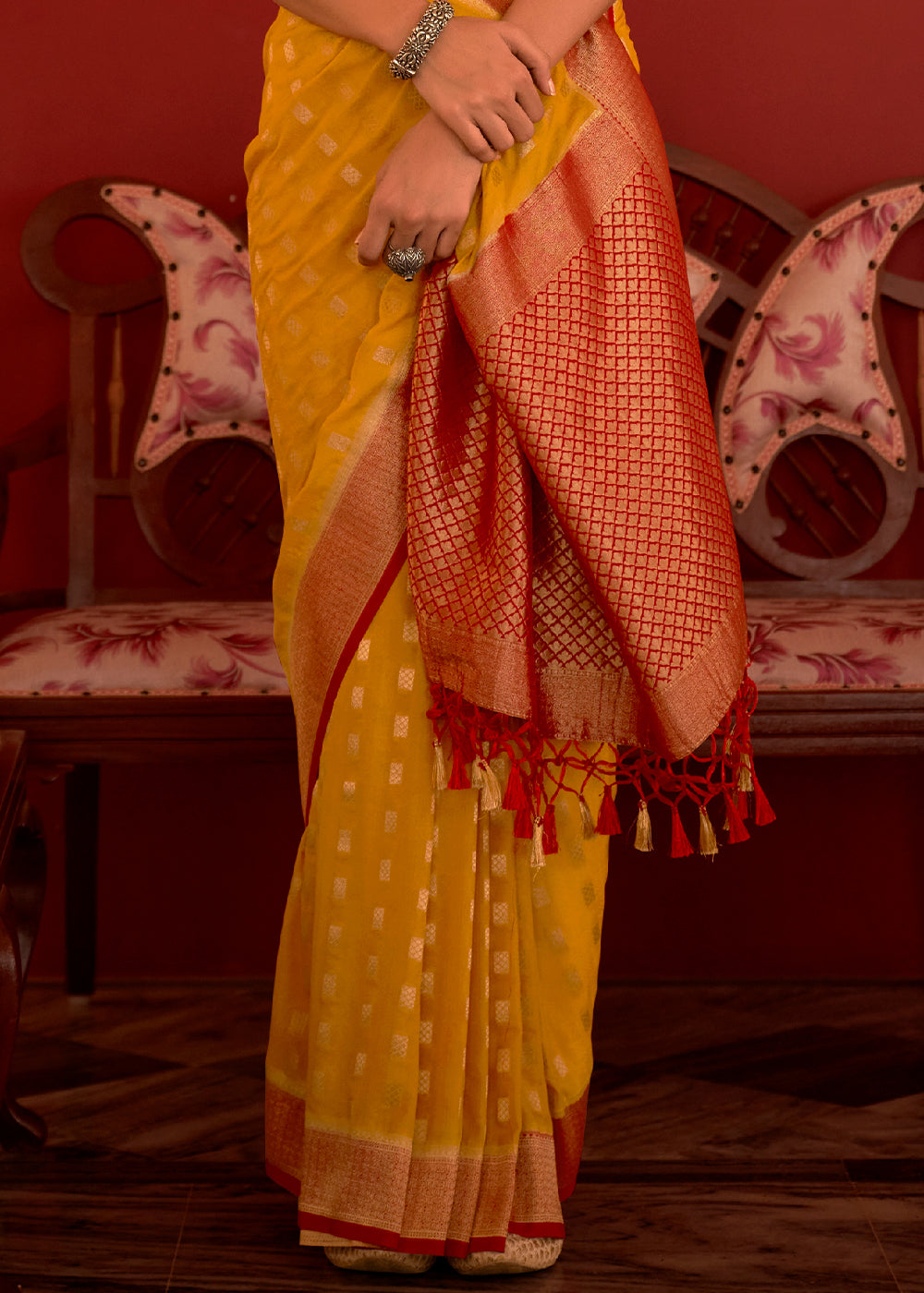 MUSTARD YELLOW WOVEN KHADDI GEORGETTE BANARASI SAREE WITH
