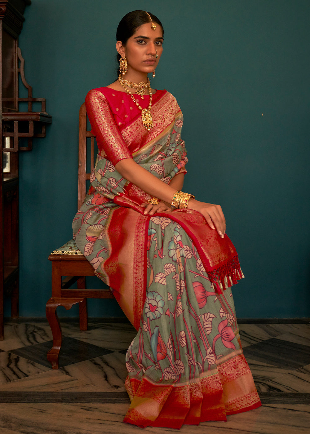 SAGE GREEN WOVEN KALAMKARI BANARASI SILK SAREE WITH BROCADE BLOUSE