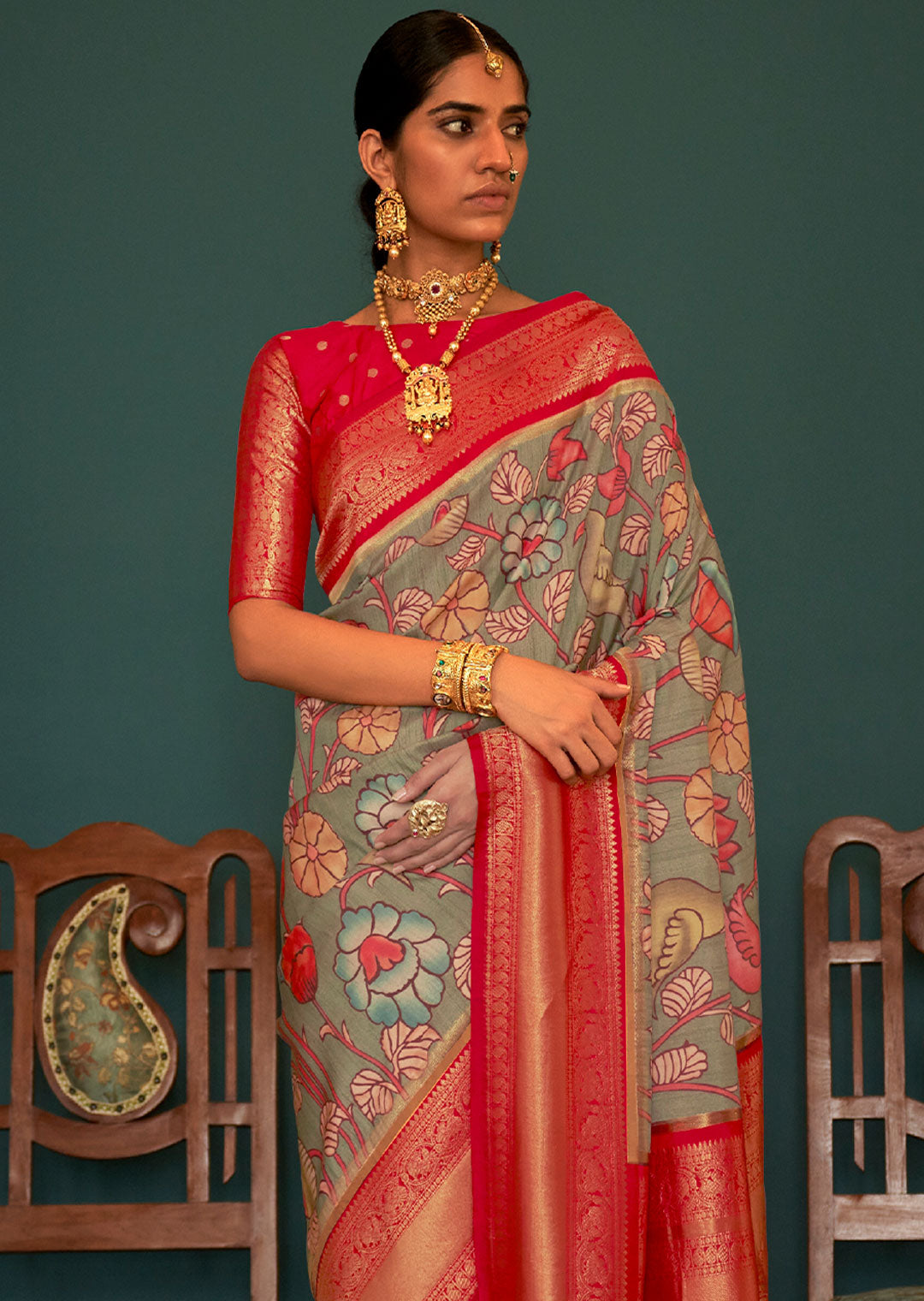 SAGE GREEN WOVEN KALAMKARI BANARASI SILK SAREE WITH BROCADE BLOUSE
