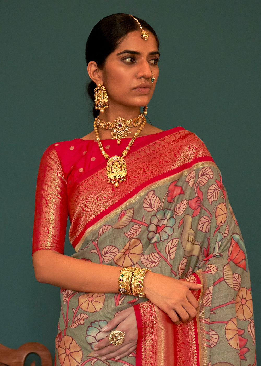 SAGE GREEN WOVEN KALAMKARI BANARASI SILK SAREE WITH BROCADE BLOUSE