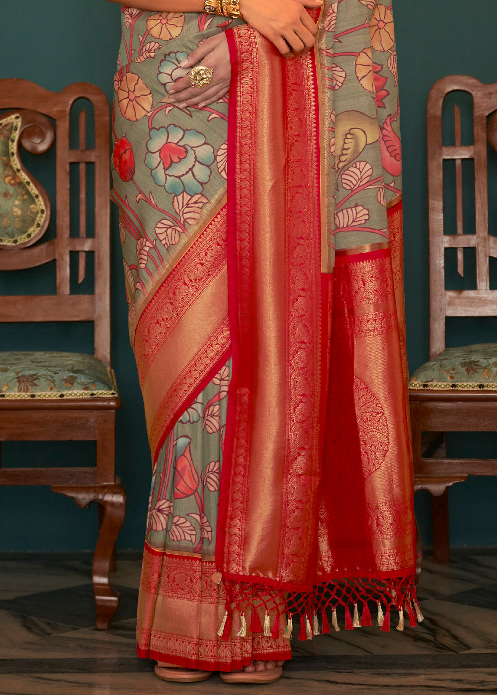 SAGE GREEN WOVEN KALAMKARI BANARASI SILK SAREE WITH BROCADE BLOUSE