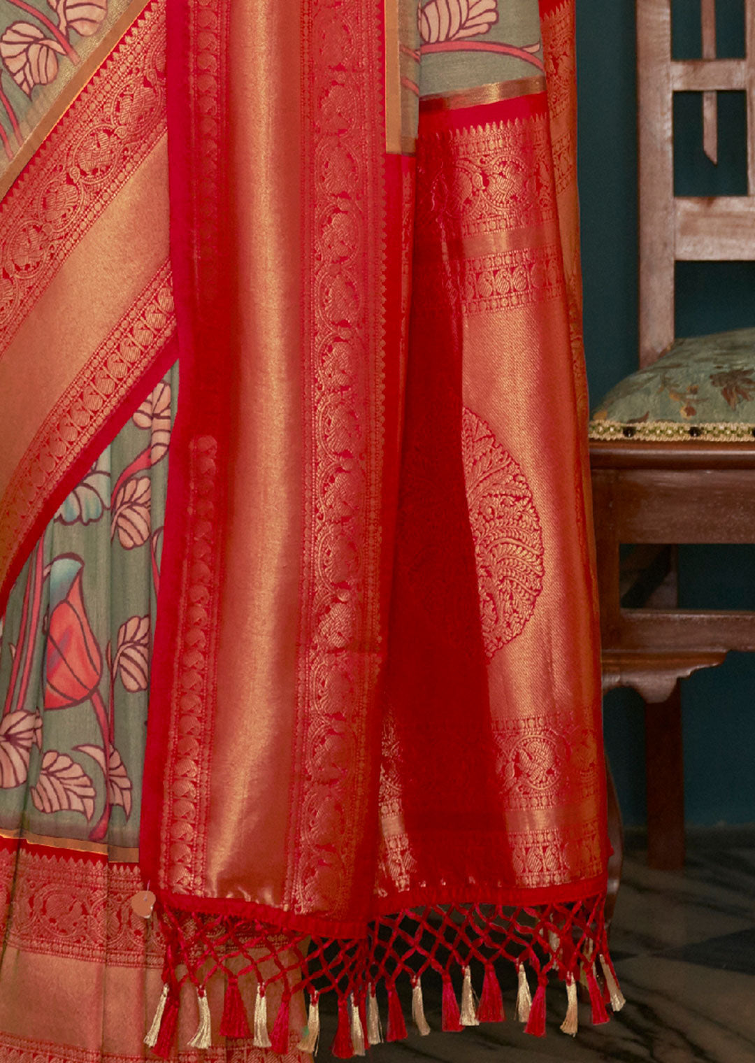 SAGE GREEN WOVEN KALAMKARI BANARASI SILK SAREE WITH BROCADE BLOUSE