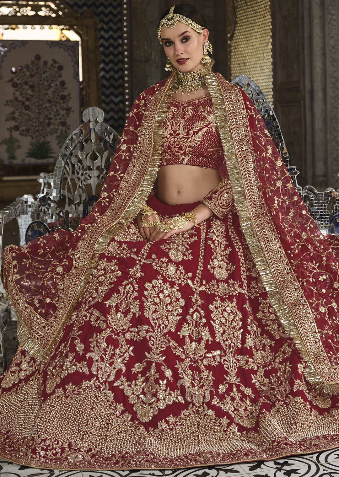 MAROON RED HEAVY ZARI EMBROIDERED PREMIUM VELVET DESIGNER BRIDAL LEHENGA