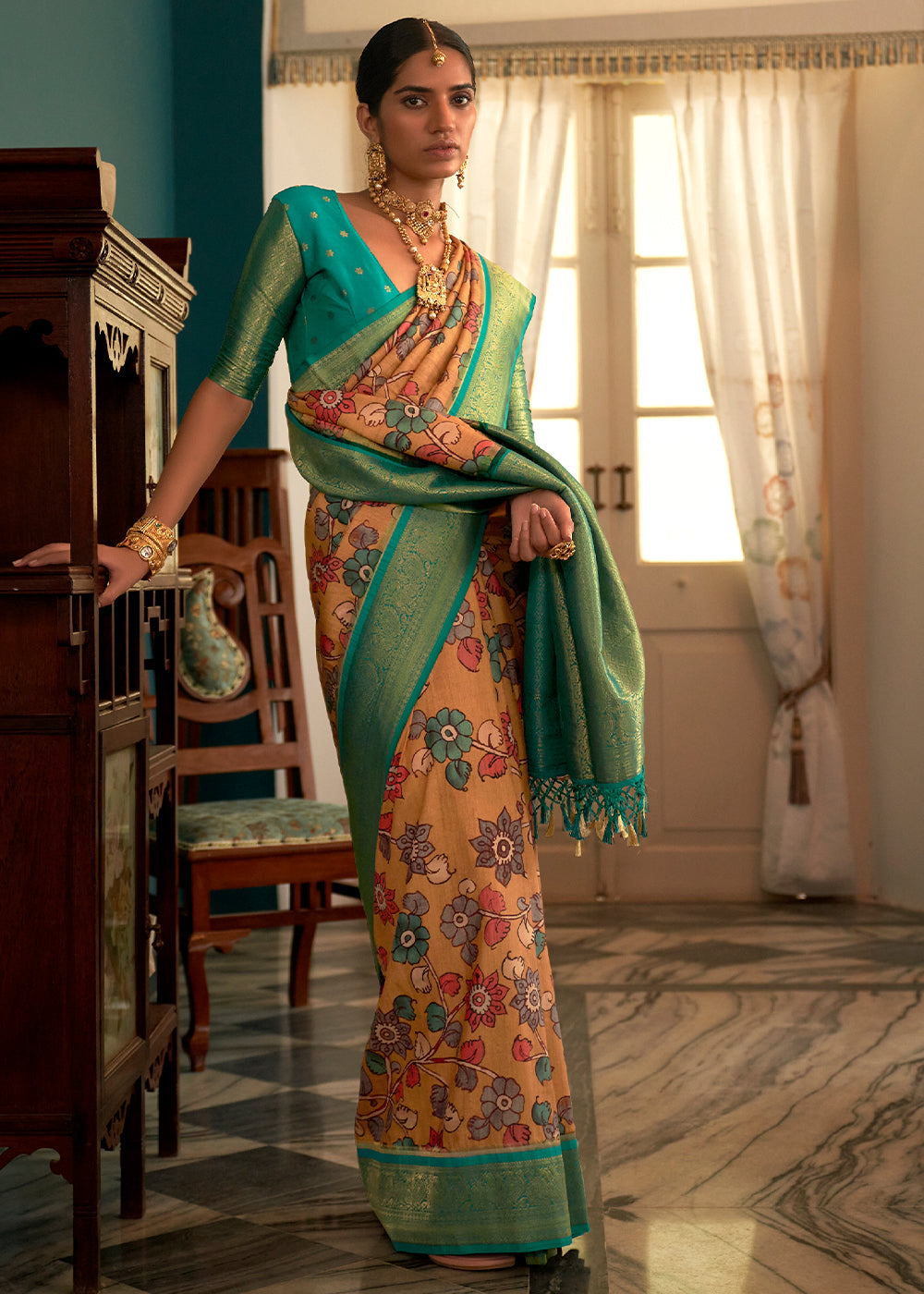 MUSTARD YELLOW WOVEN KALAMKARI BANARASI SILK SAREE WITH BROCADE BLOUSE