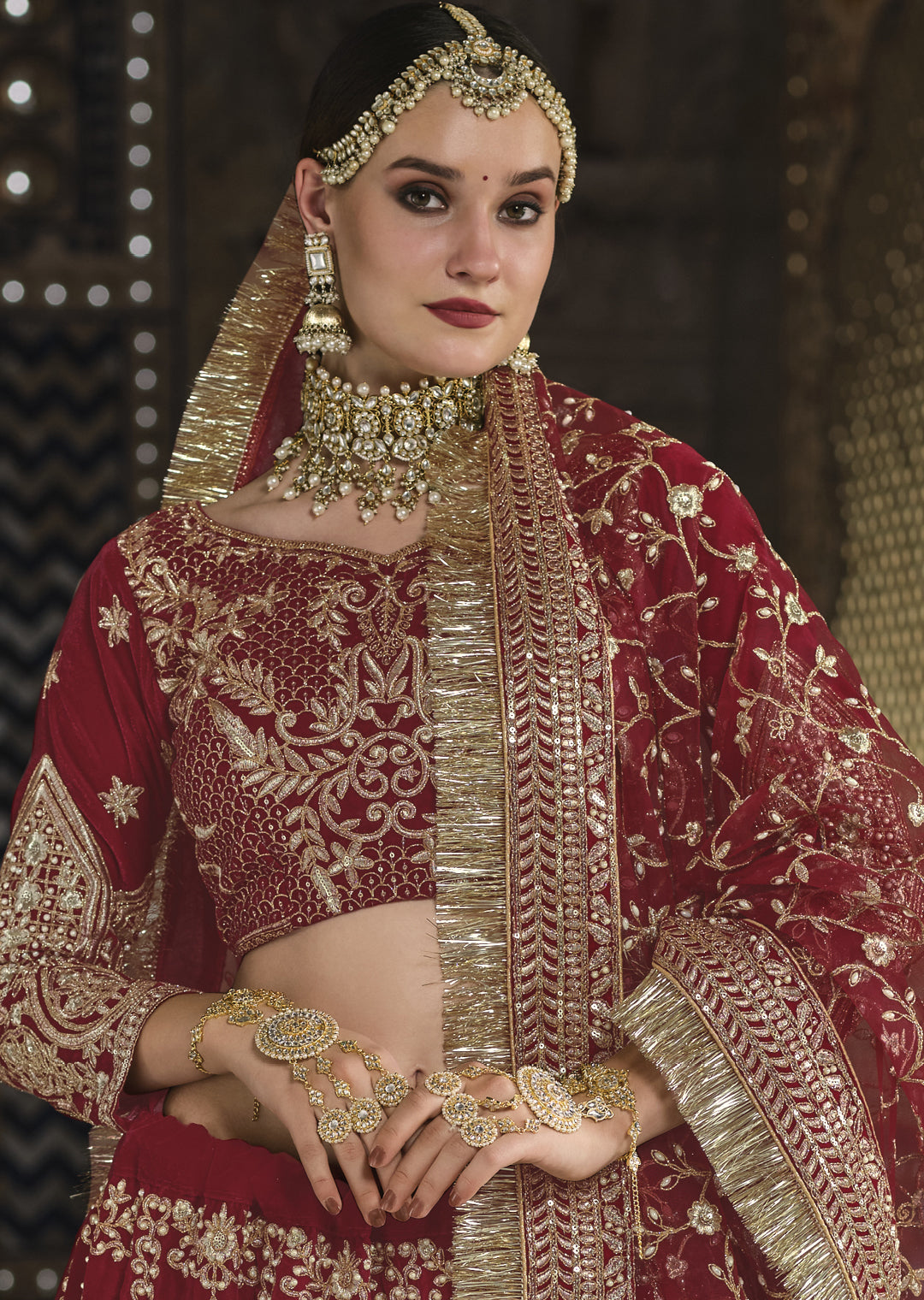 MAROON RED HEAVY ZARI EMBROIDERED PREMIUM VELVET DESIGNER BRIDAL LEHENGA