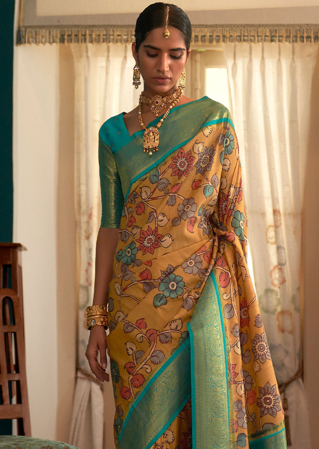 MUSTARD YELLOW WOVEN KALAMKARI BANARASI SILK SAREE WITH BROCADE BLOUSE