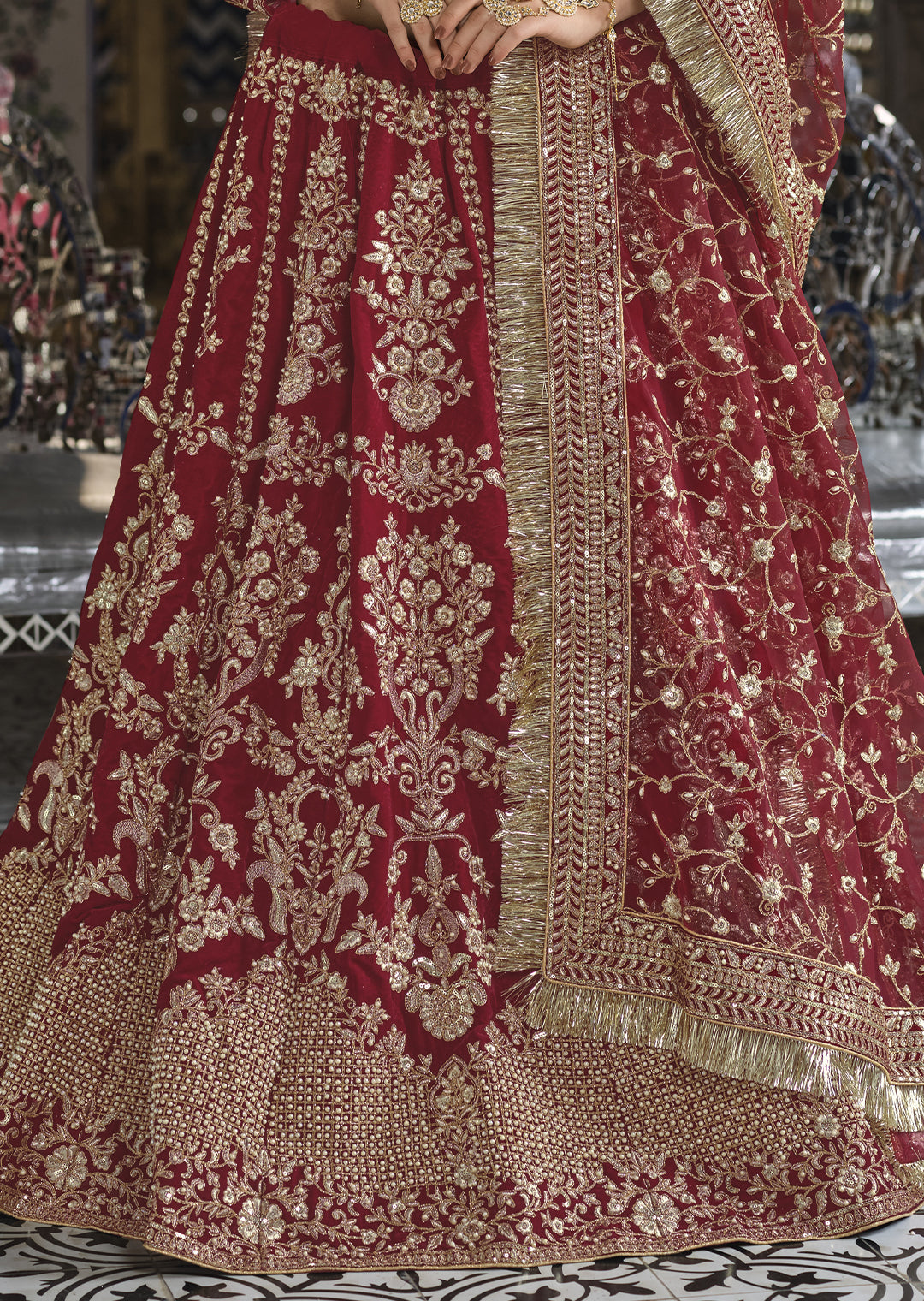 MAROON RED HEAVY ZARI EMBROIDERED PREMIUM VELVET DESIGNER BRIDAL LEHENGA