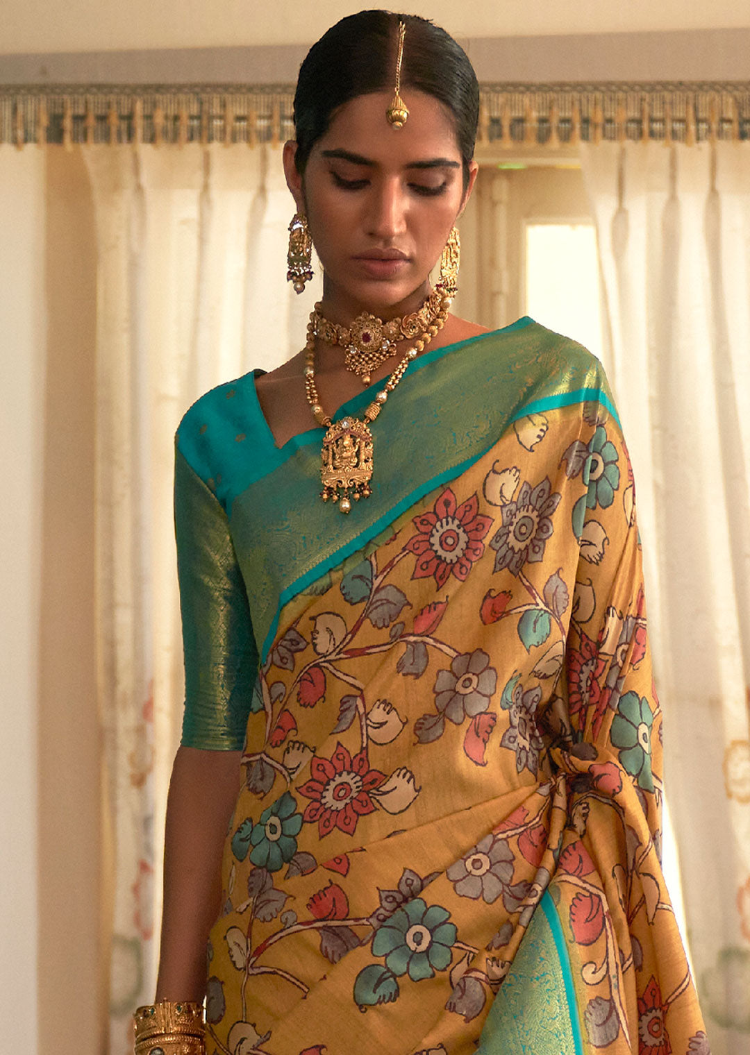 MUSTARD YELLOW WOVEN KALAMKARI BANARASI SILK SAREE WITH BROCADE BLOUSE