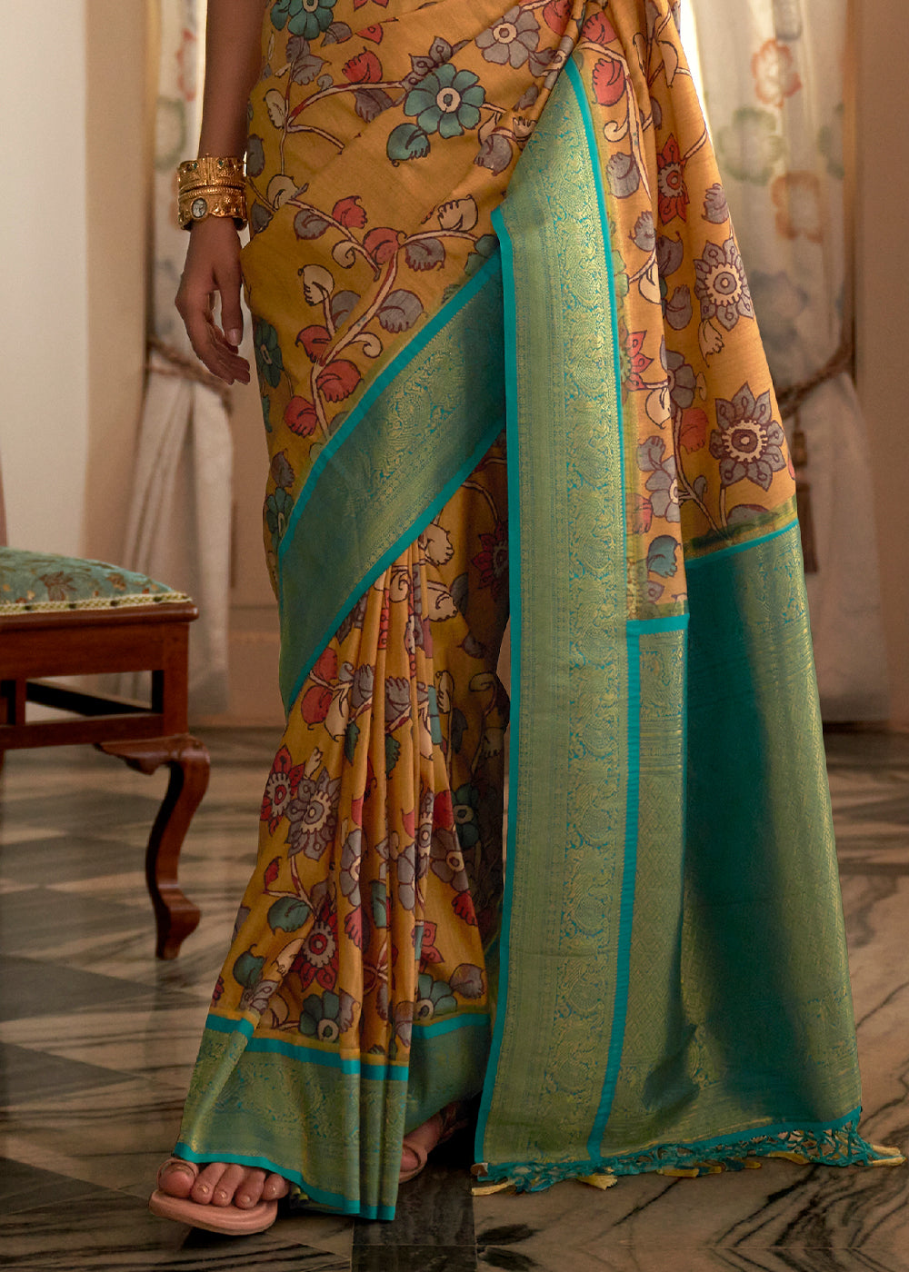 MUSTARD YELLOW WOVEN KALAMKARI BANARASI SILK SAREE WITH BROCADE BLOUSE