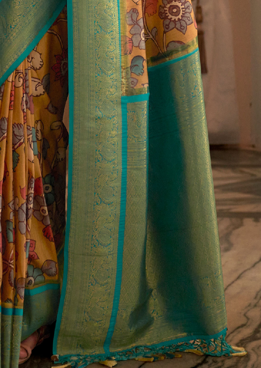 MUSTARD YELLOW WOVEN KALAMKARI BANARASI SILK SAREE WITH BROCADE BLOUSE
