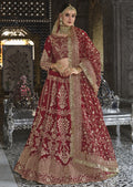 MAROON RED HEAVY ZARI EMBROIDERED PREMIUM VELVET DESIGNER BRIDAL LEHENGA