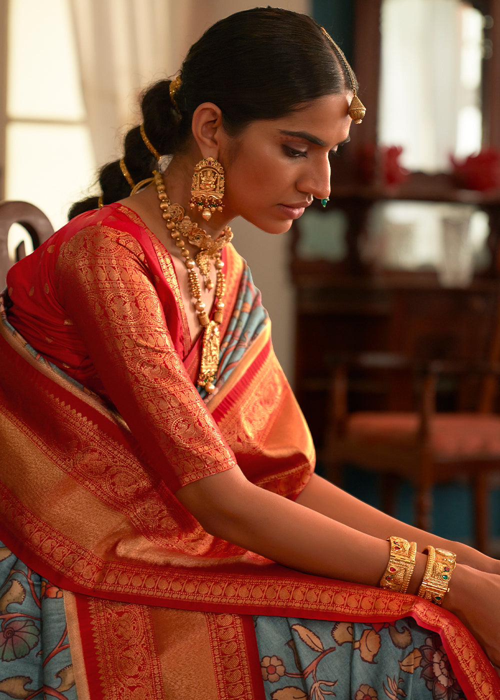 SKY BLUE WOVEN KALAMKARI BANARASI SILK SAREE WITH BROCADE BLOUSE