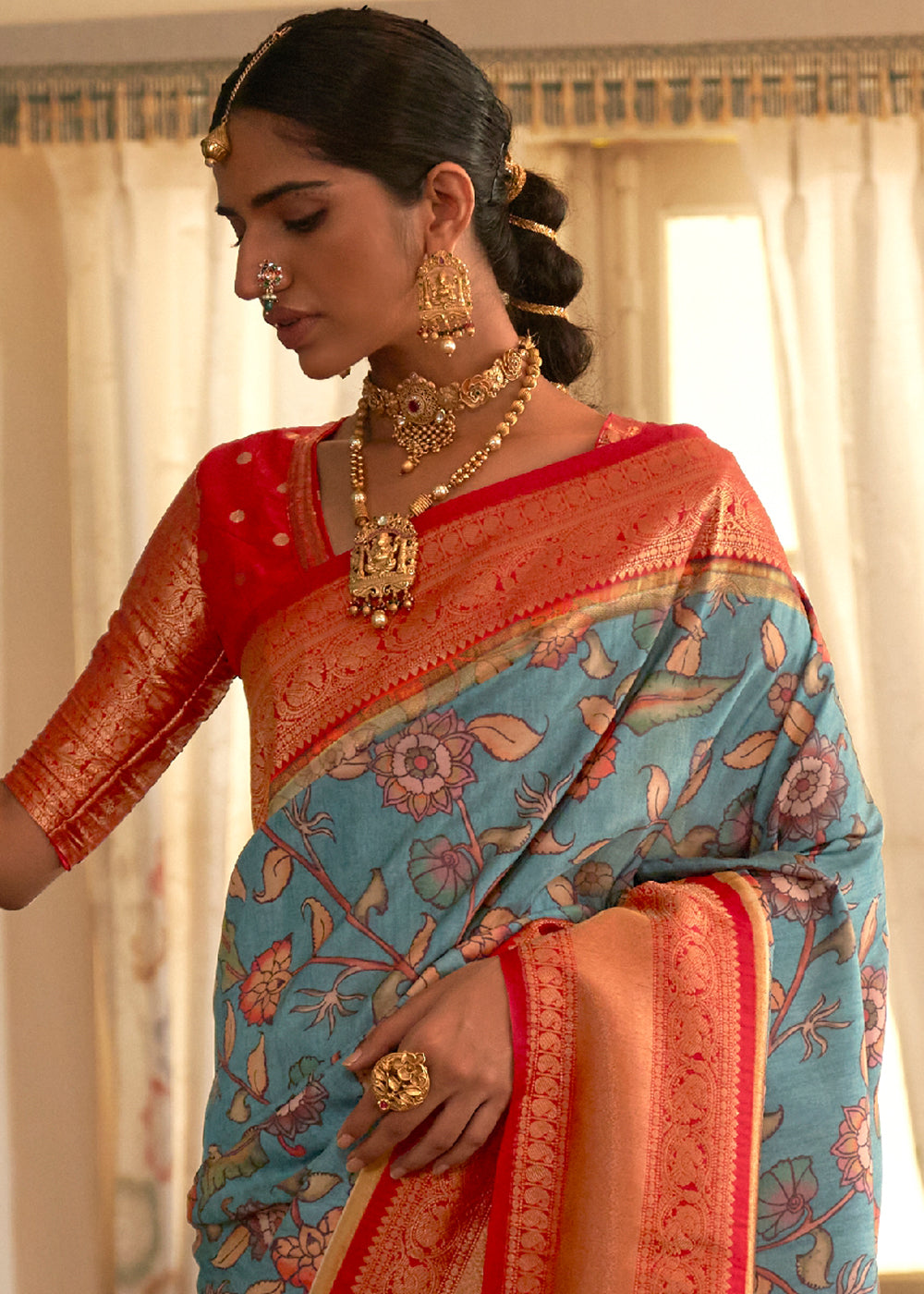 SKY BLUE WOVEN KALAMKARI BANARASI SILK SAREE WITH BROCADE BLOUSE