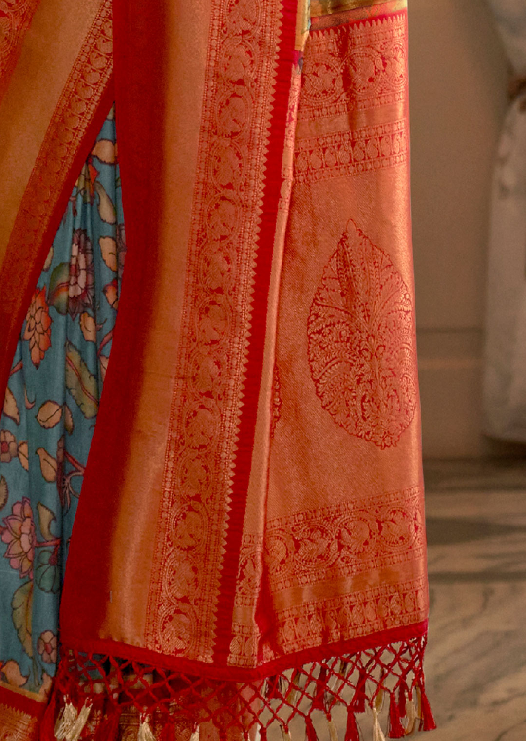 SKY BLUE WOVEN KALAMKARI BANARASI SILK SAREE WITH BROCADE BLOUSE