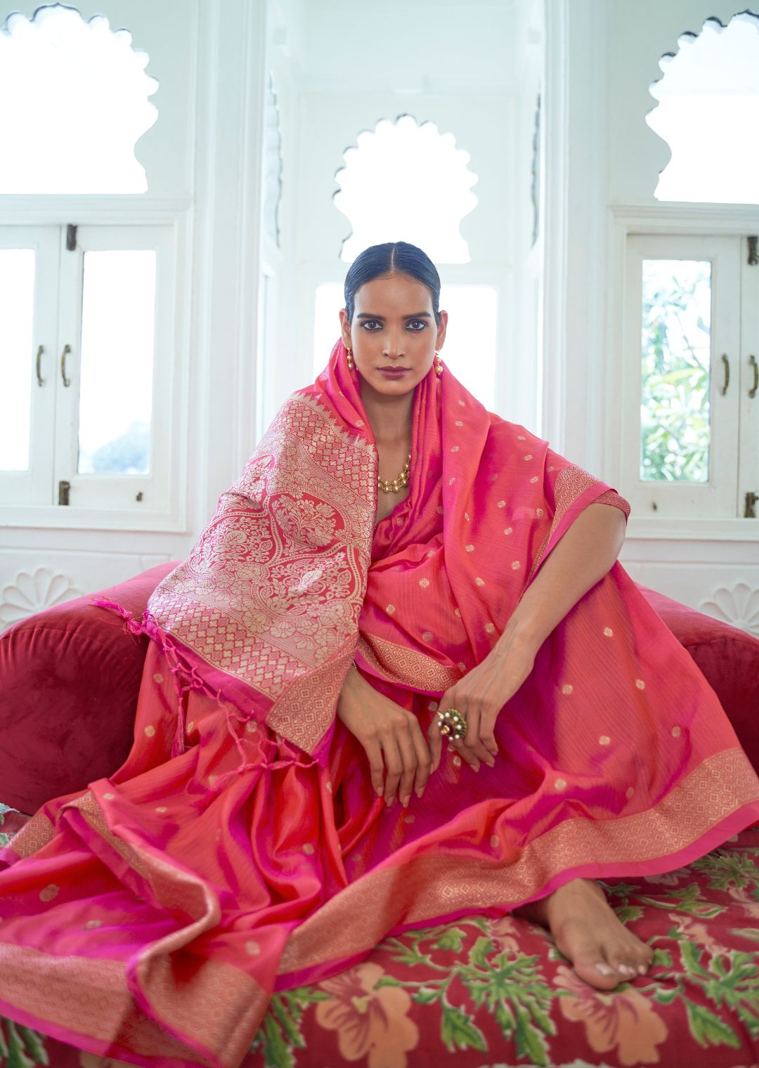 Cerise Pink Woven Banarasi Silk Saree