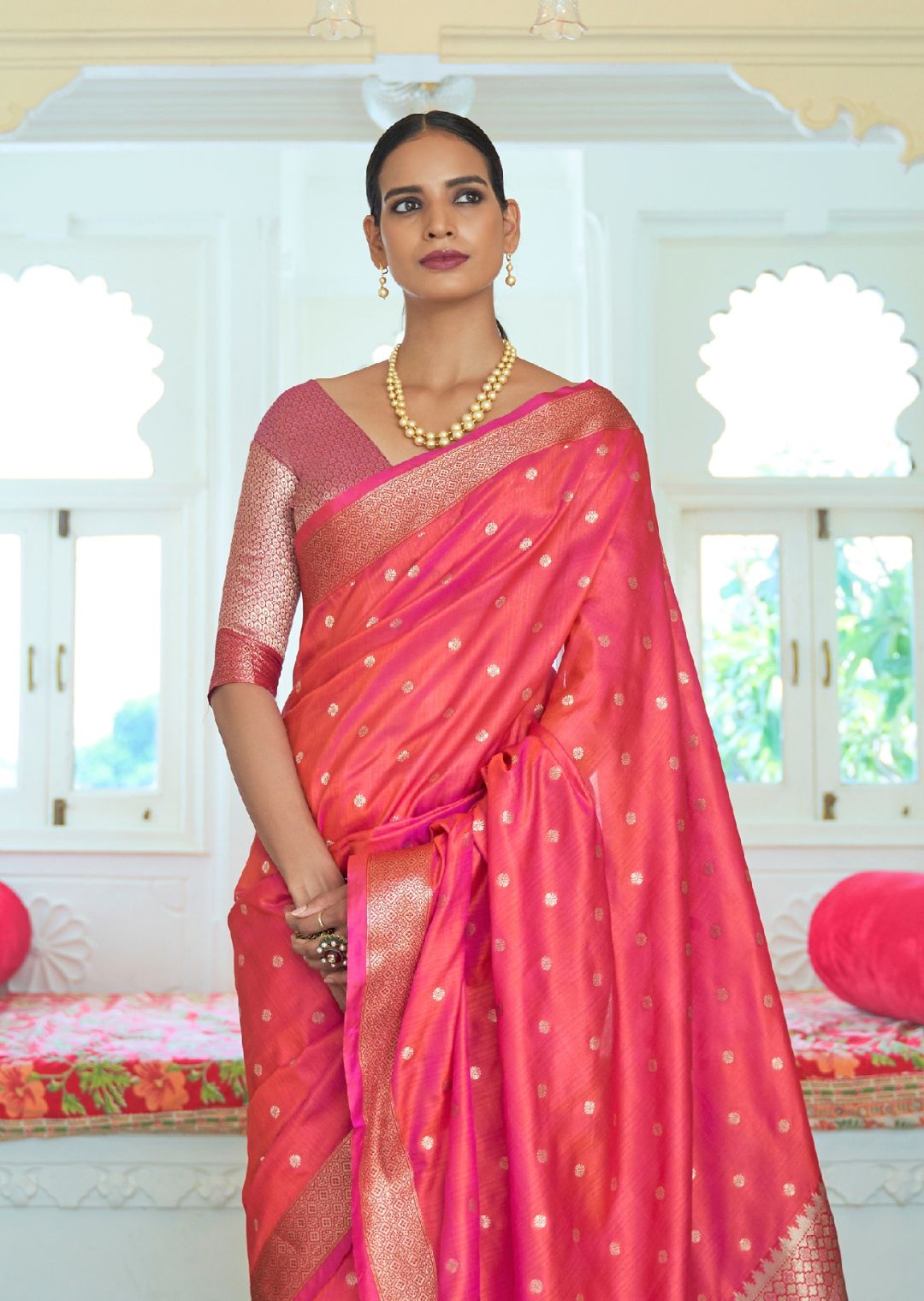 Cerise Pink Woven Banarasi Silk Saree