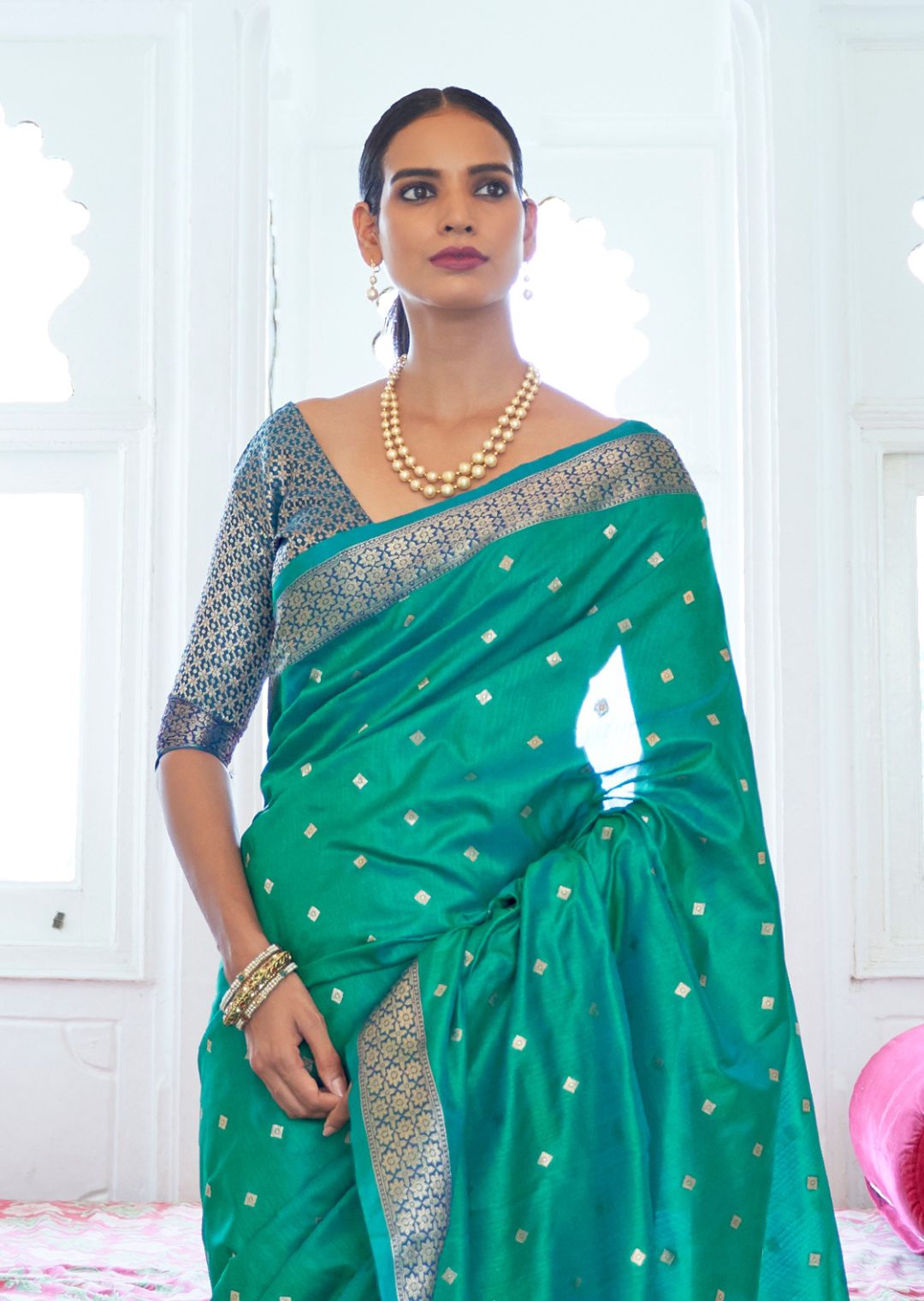 Turquoise Green Woven Banarasi Silk Saree
