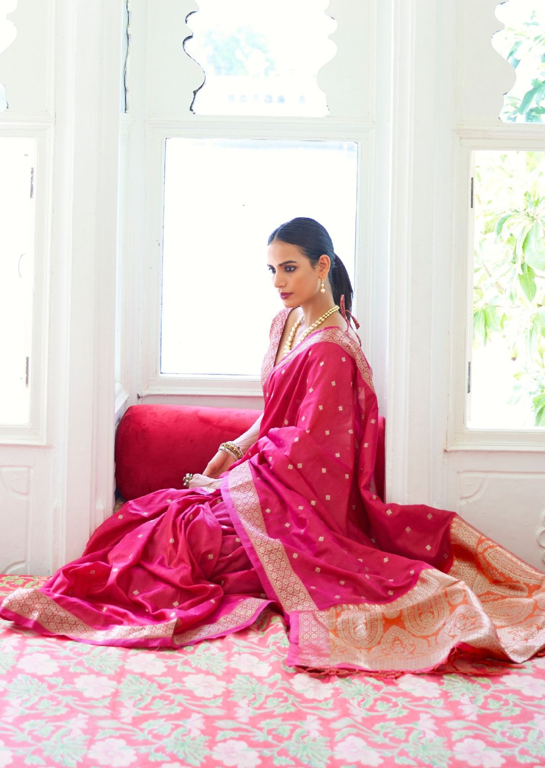 Ruby Pink Woven Banarasi Silk Saree