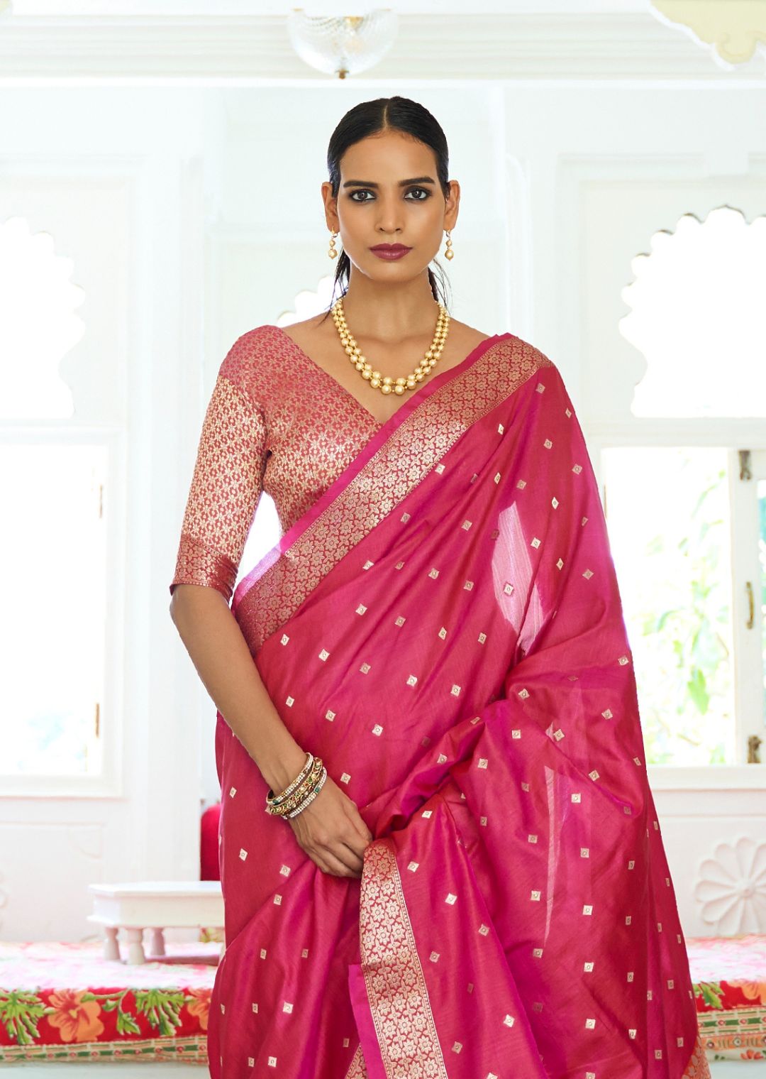 Ruby Pink Woven Banarasi Silk Saree