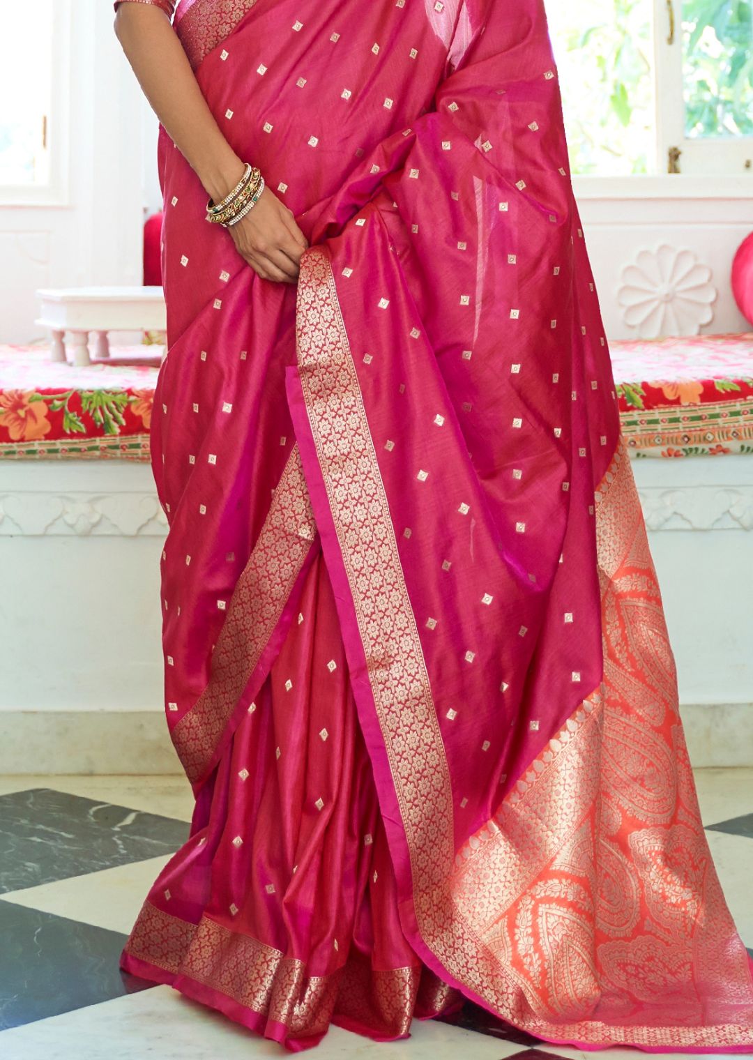 Ruby Pink Woven Banarasi Silk Saree