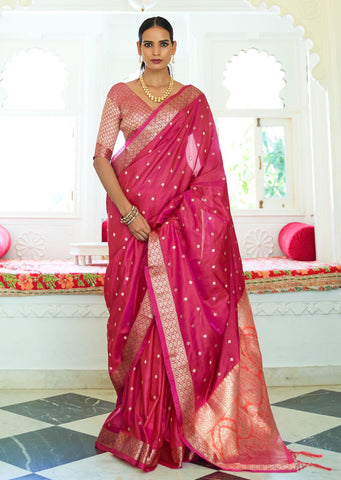 Ruby Pink Woven Banarasi Silk Saree