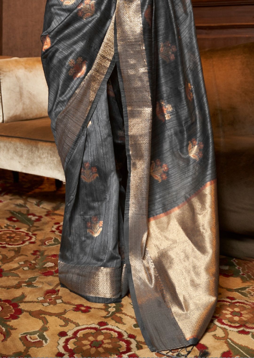 Anchor Gray Woven Handloom Pure Tessar Zari Silk Saree