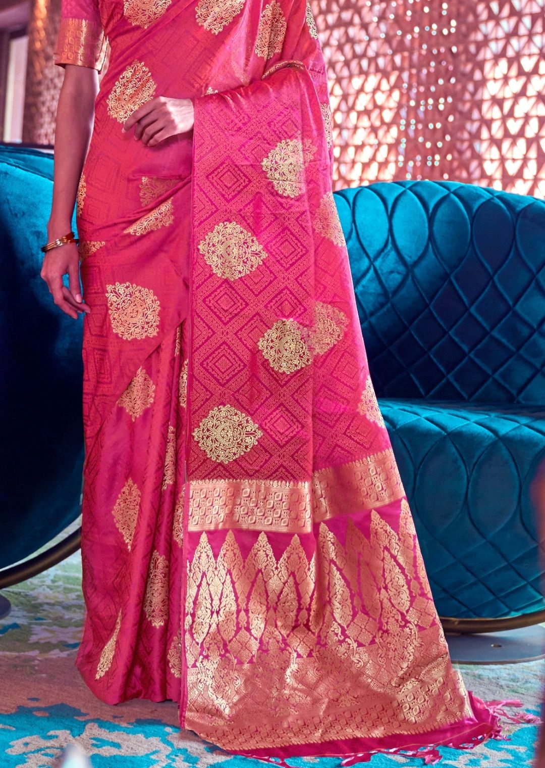 Cerise Pink Woven Pure Satin Silk Saree