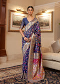 Navy Blue Woven Pure Handloom Kashmiri Jamewar Silk Saree