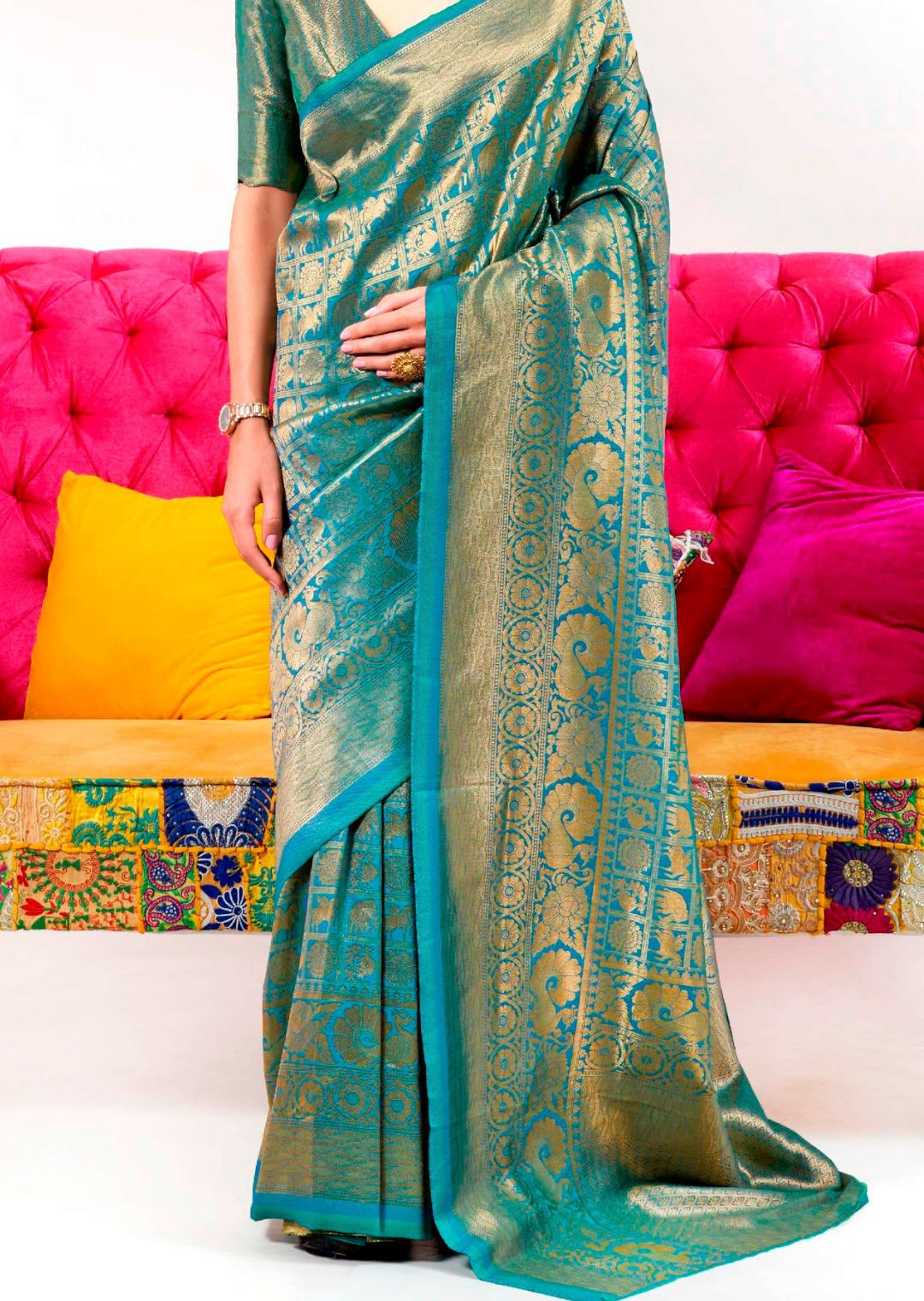 Aqua Blue Hand Woven Kanjivaram Silk Saree