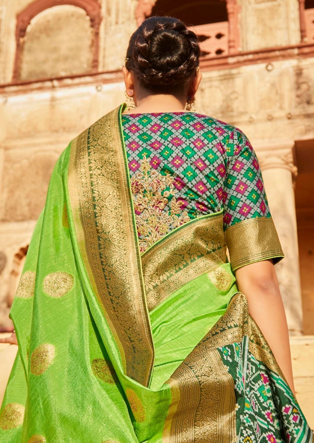 Lime Green Woven Traditional Patola Silk Saree With Embroidered Silk Blouse