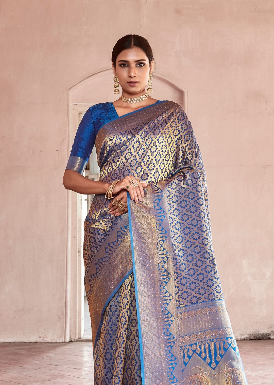 Festive Blue Swaroski Hand Woven Kanjivaram Silk Saree