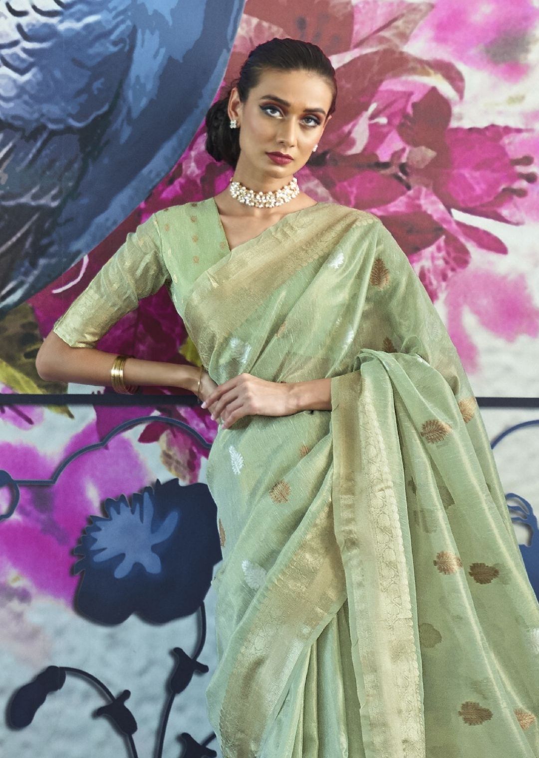 Pistachio Green Hand Woven Organza Tissue Silk Saree
