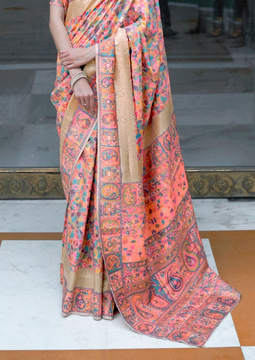 Peach Woven Kashmiri Jamewar Silk Saree