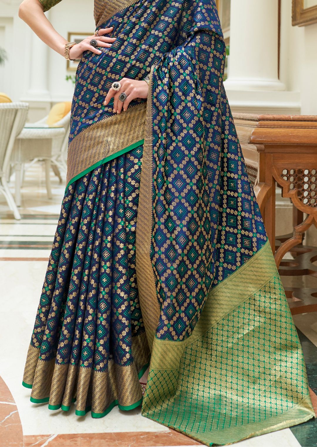 Navy Blue Zari Woven Traditional Patola Silk Saree With Self Brocade Blouse