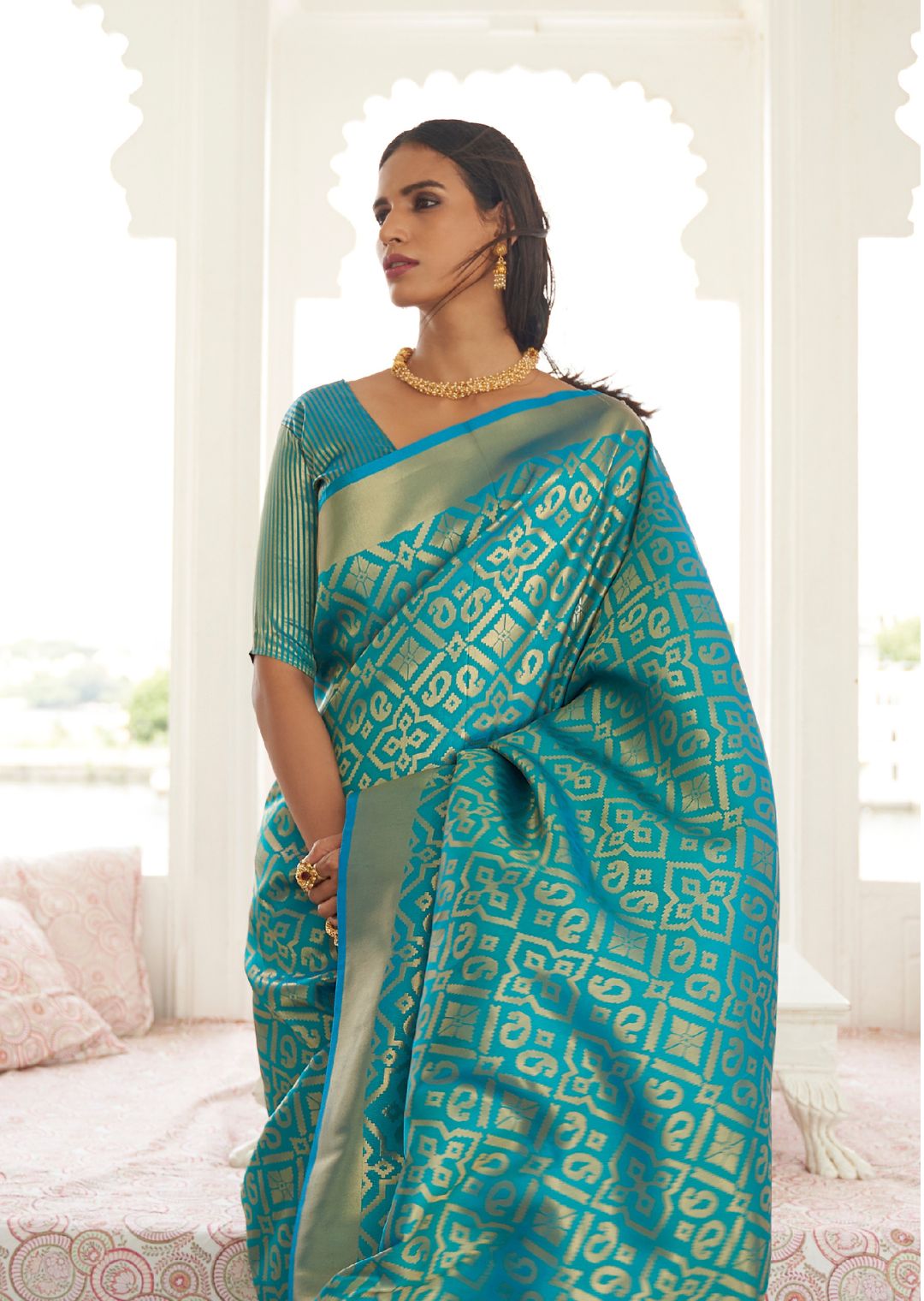 Aqua Blue Woven Banarasi Silk Saree