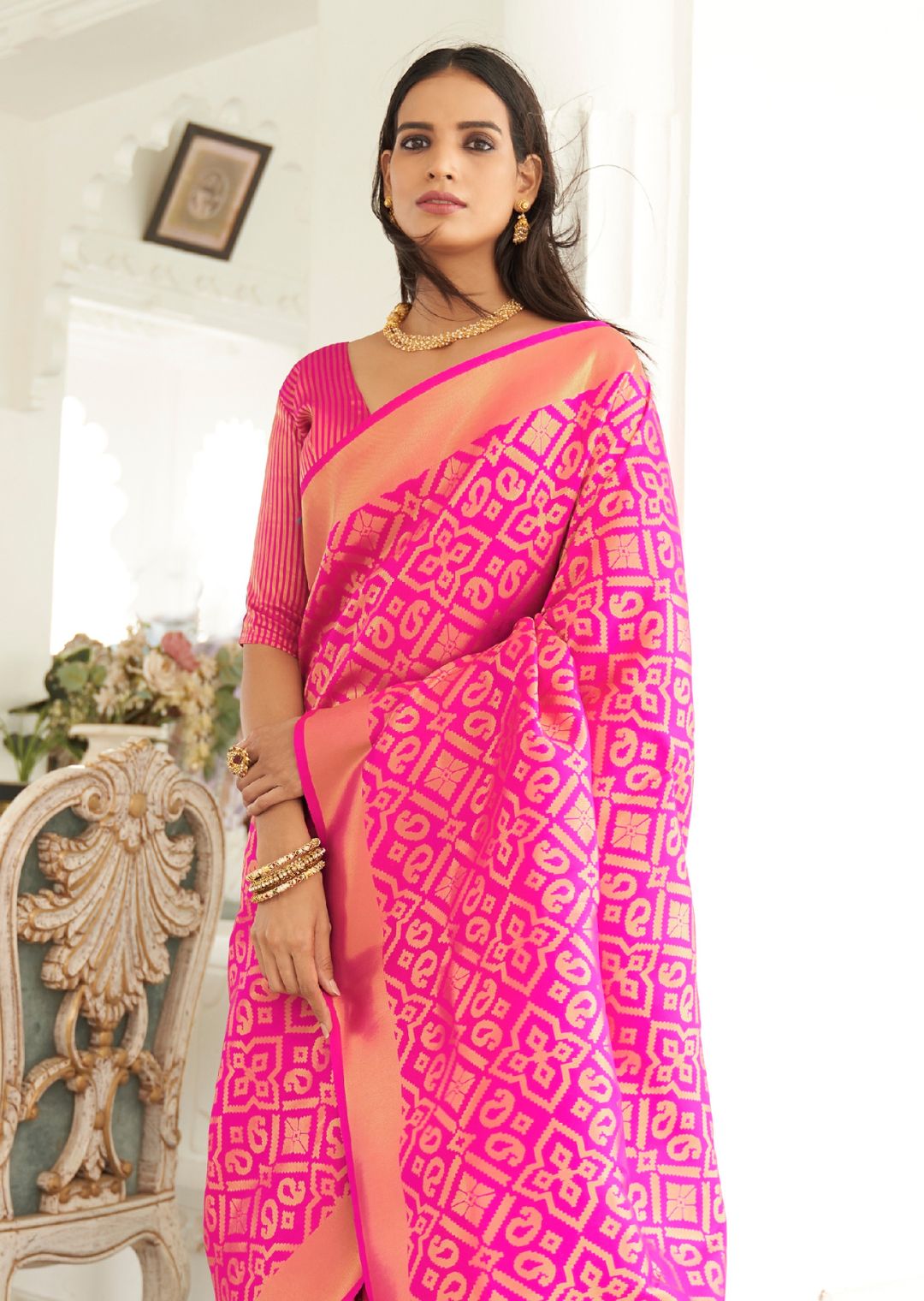 Fuchsia Pink Woven Banarasi Silk Saree