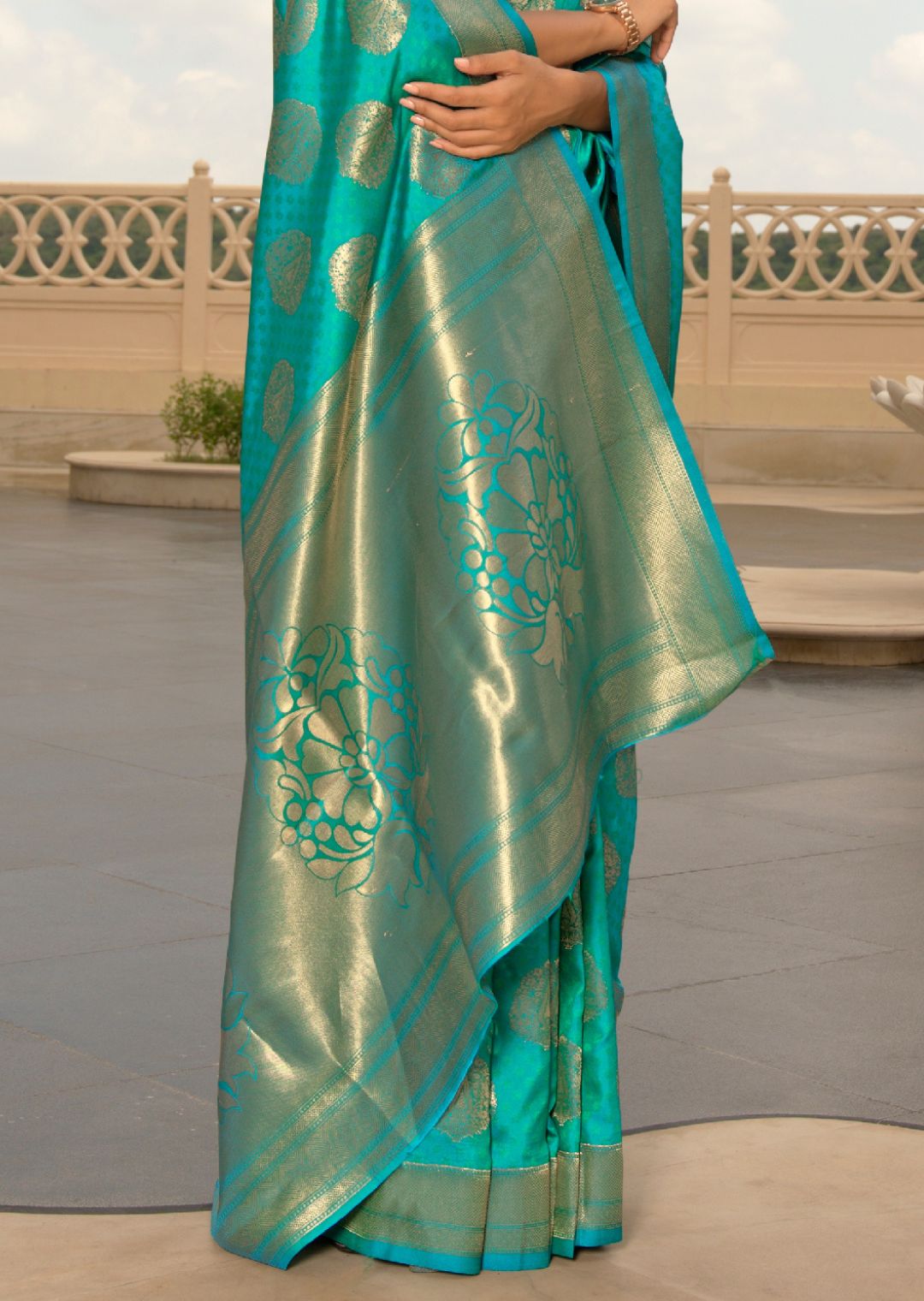 Turquoise Blue Zari Woven Banarasi Silk Saree