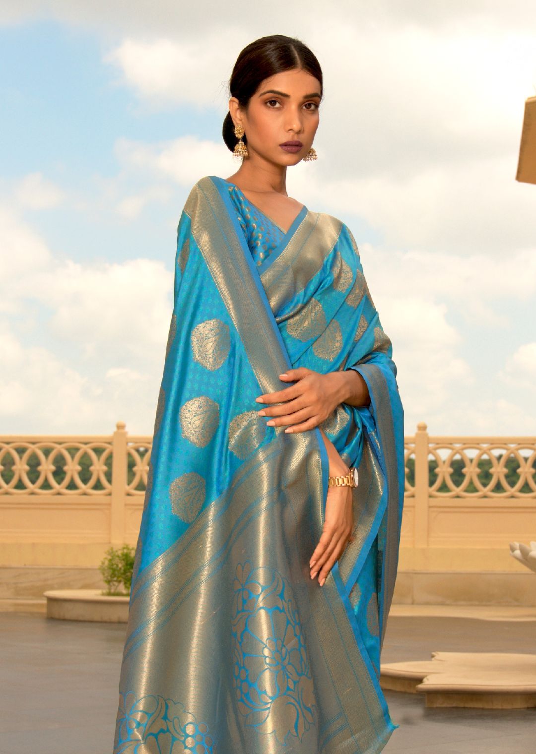 Cerulean Blue Zari Woven Banarasi Silk Saree